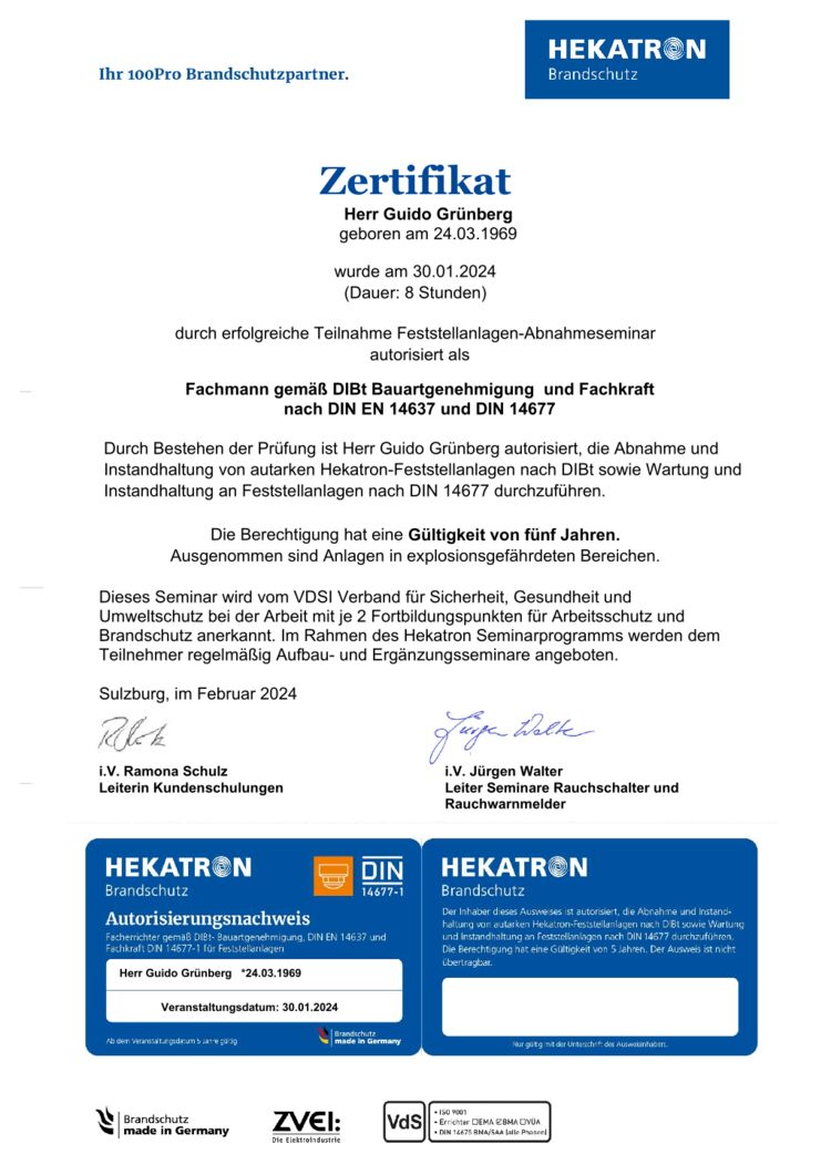 Zertifikat HEKATRON Feststellanlagen Guido Grünberg